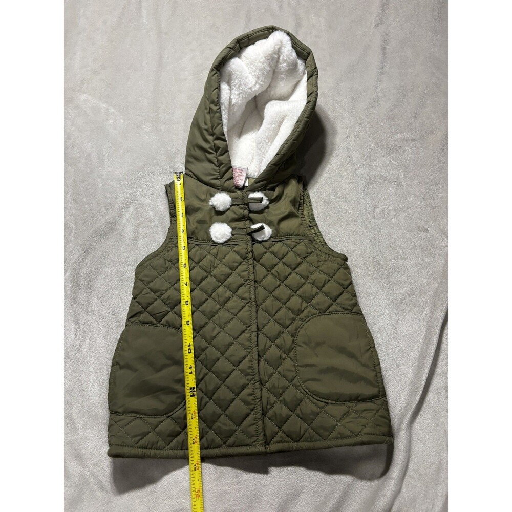 Aspen Quilted Hooded Vest Pom Pom Accents Sherpa Lined Green 3T Fuzzy Zip Up